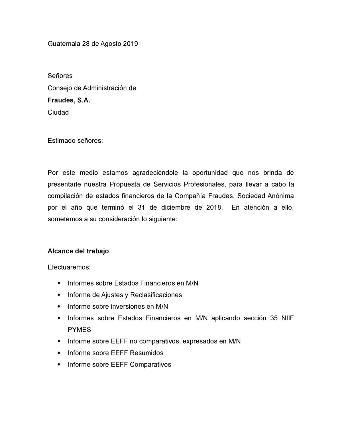 Carta de Propuesta de servicios - Guatemala 28 de Agosto 2019 Señores  Consejo de Administración de - Studocu