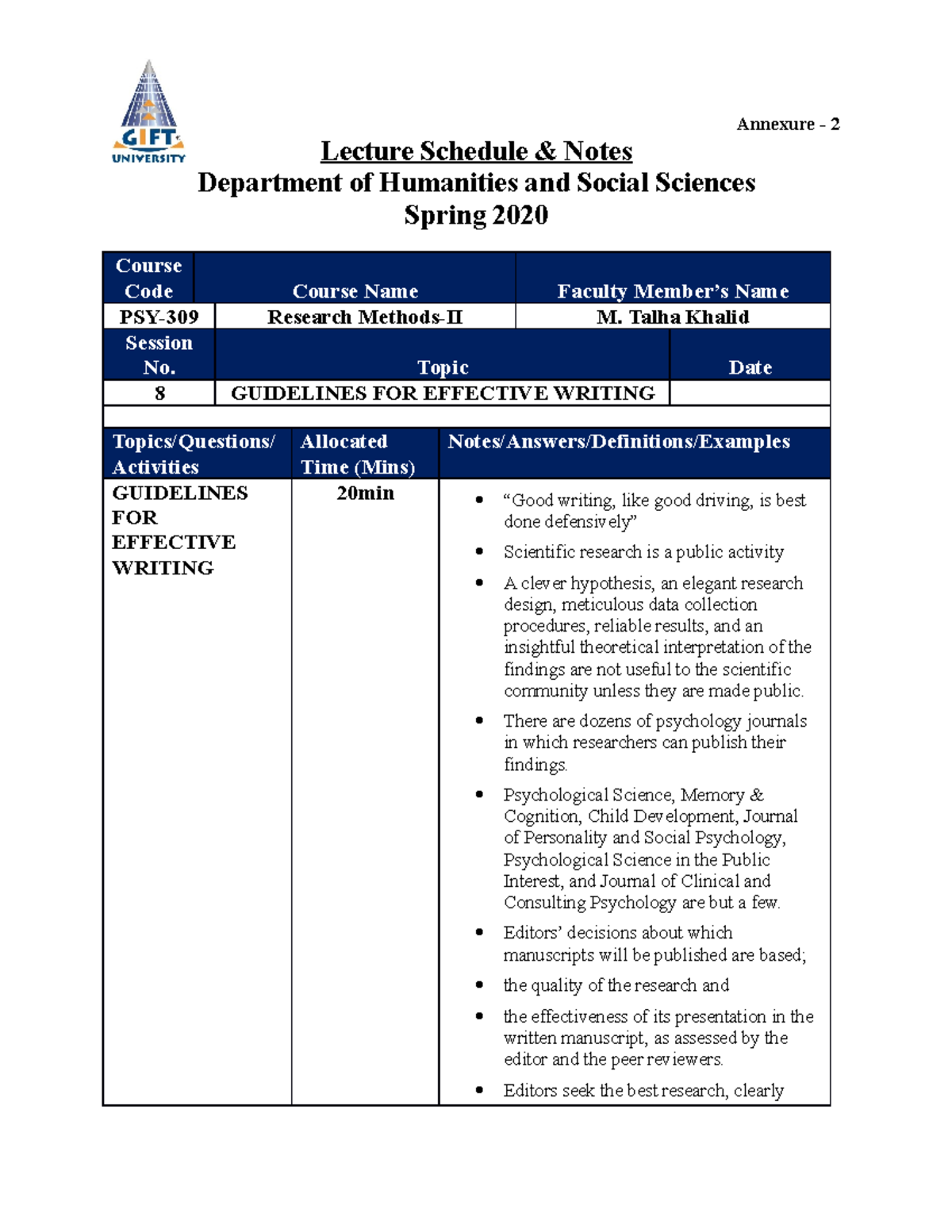 Guidelines for Effective Writing - Annexure - 2 Lecture Schedule ...