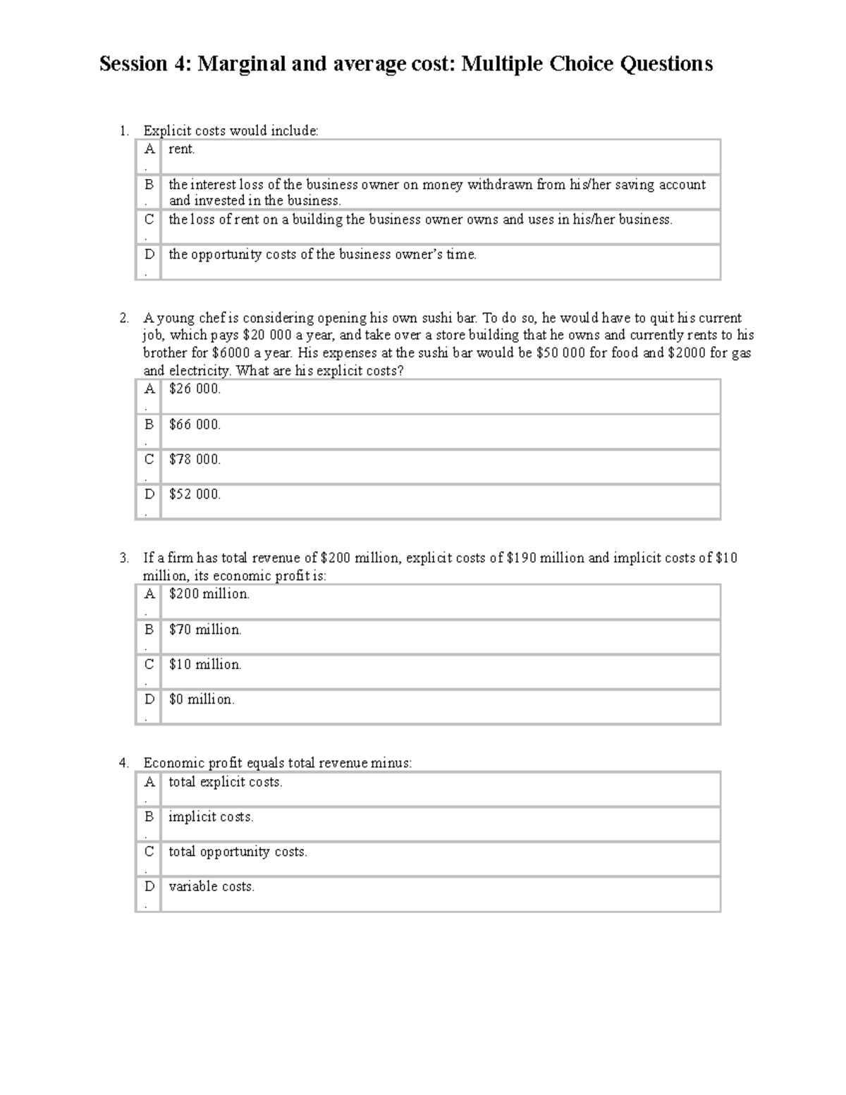 BEO1105 MCQ Week 4 with answers Session 4 Marginal and average cost