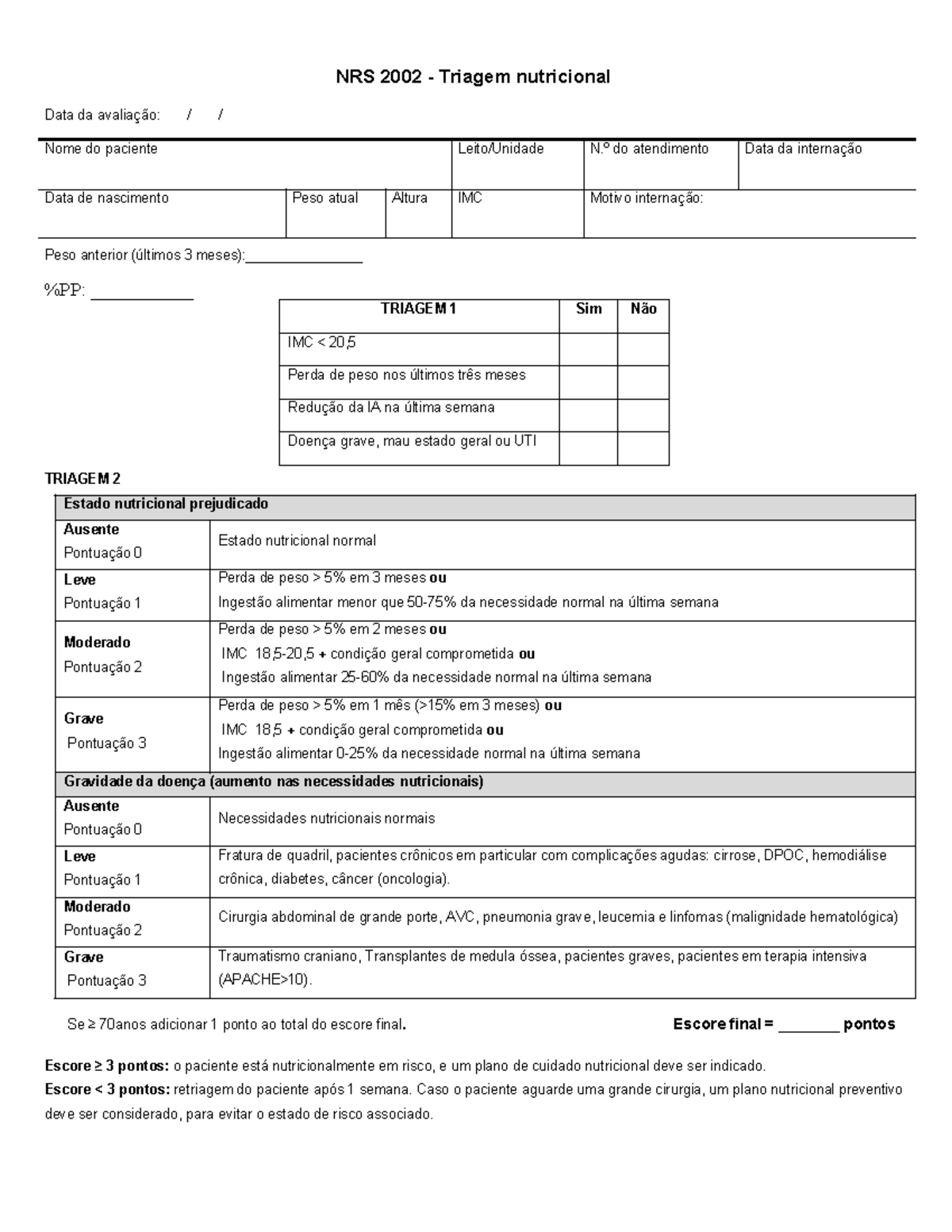 Triagem Nutricional NRS 2002 folha unica - NRS 2002 - Triagem ...