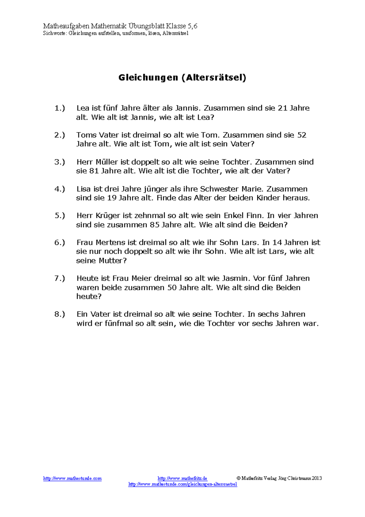 Gleichungen-altersraetsel - Matheaufgaben Mathematik Übungsblatt Klasse