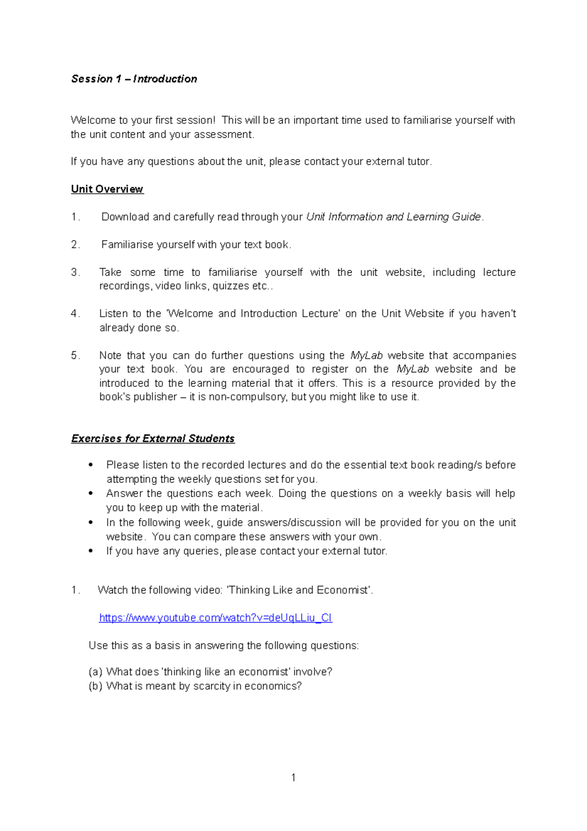 BUS171 Session 1 exercises for external students - Session 1 ...