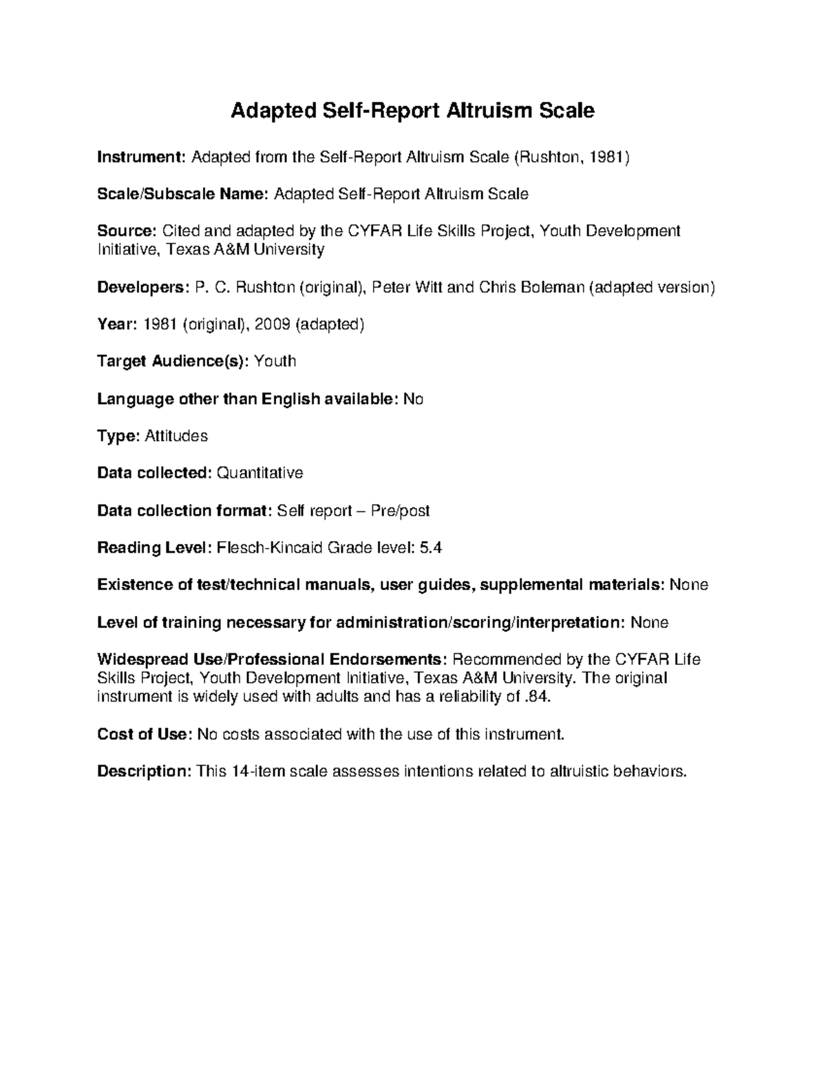 Altruism Adapted Self-Report Scale (Rushton) - Adapted Self-Report ...