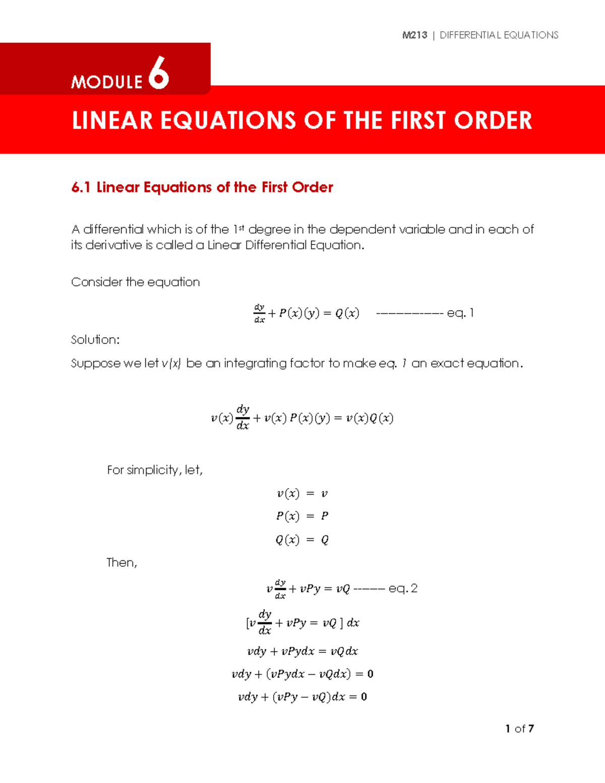 Module Linear Equations Of The First Order Linear Equations Of