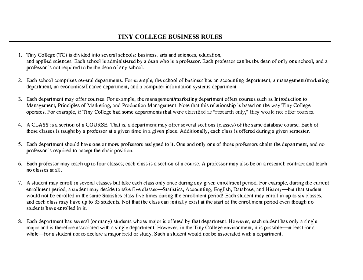 Business Rules Example - TINY COLLEGE BUSINESS RULES Tiny College (TC ...