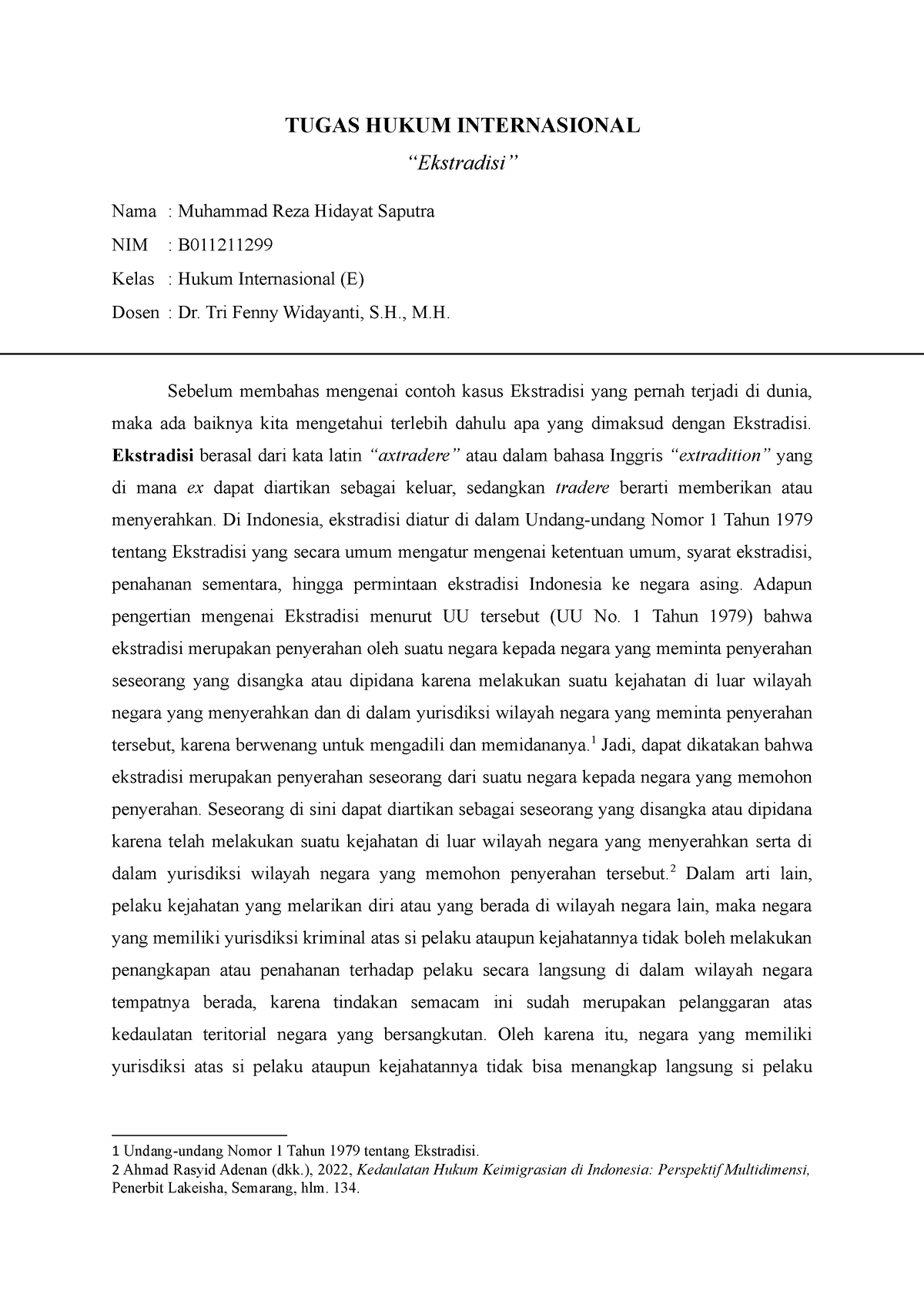 Tugas Paper Ekstradisi Reza - TUGAS HUKUM INTERNASIONAL “Ekstradisi ...