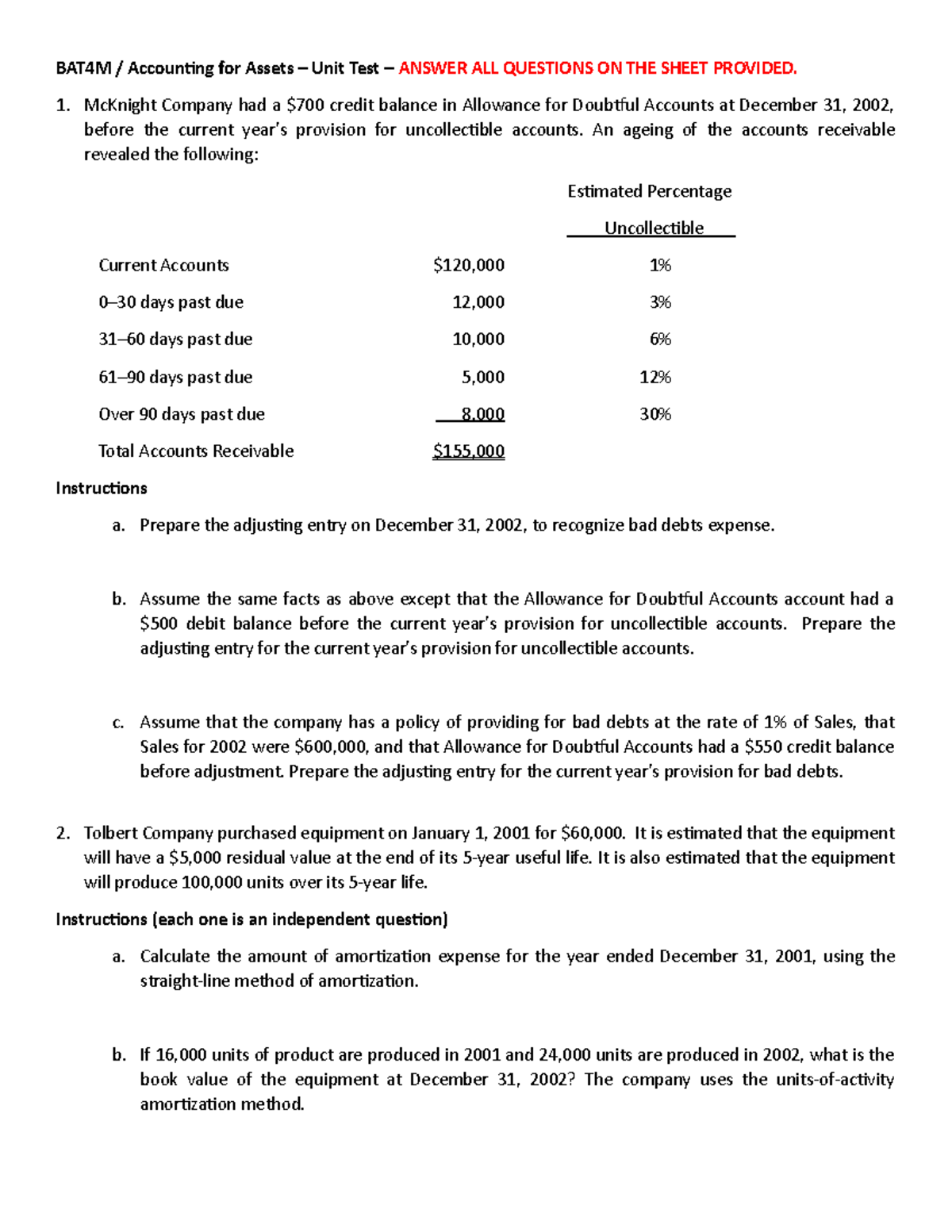 Accounting for assets - unit test - BAT4M / Accounting for Assets ...