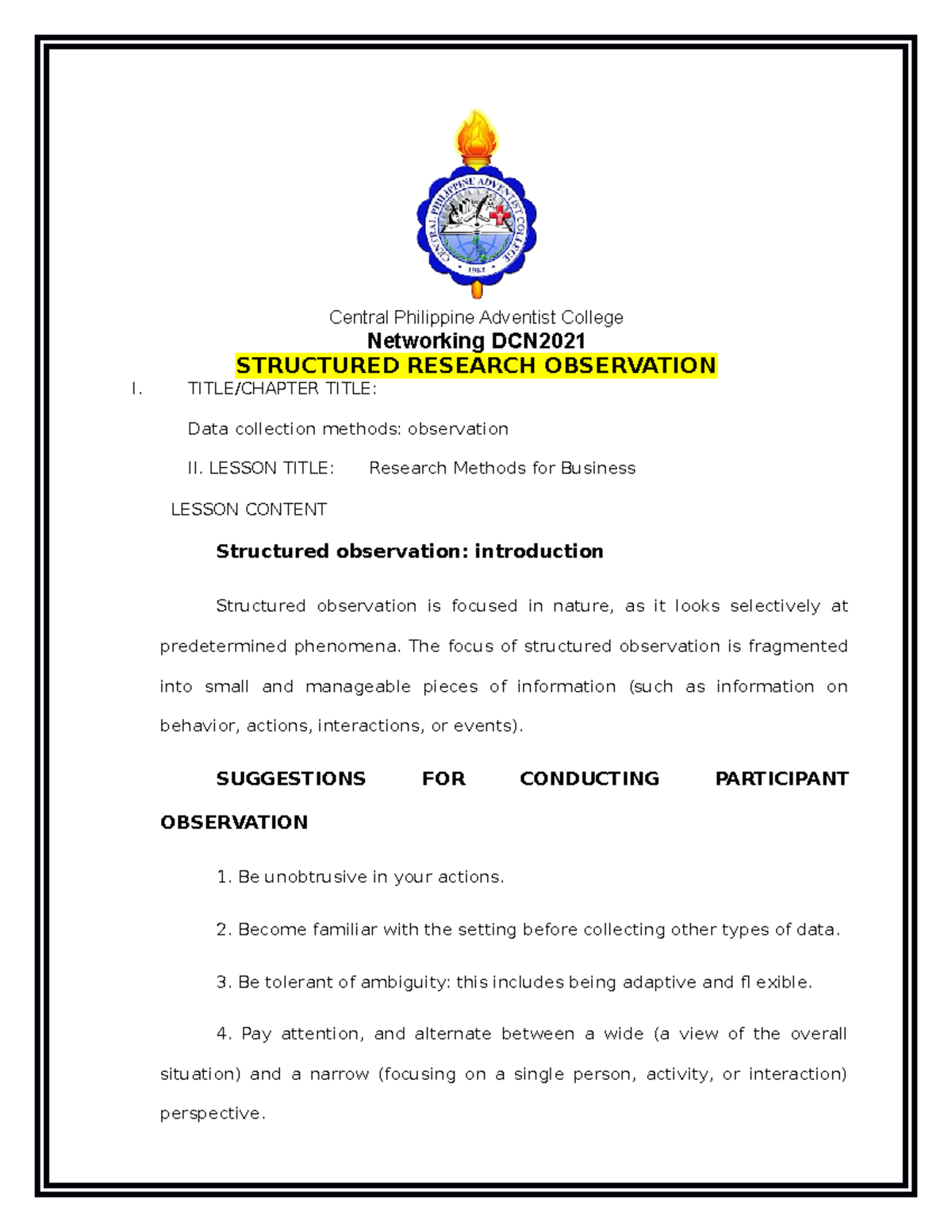 Structured Research Observation - Central Philippine Adventist College ...