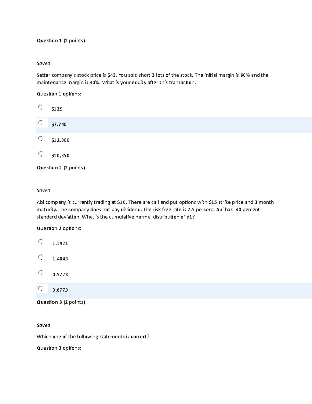 FIN 501 Final Exam Submission - Question 1 (2 points) Saved Setter ...