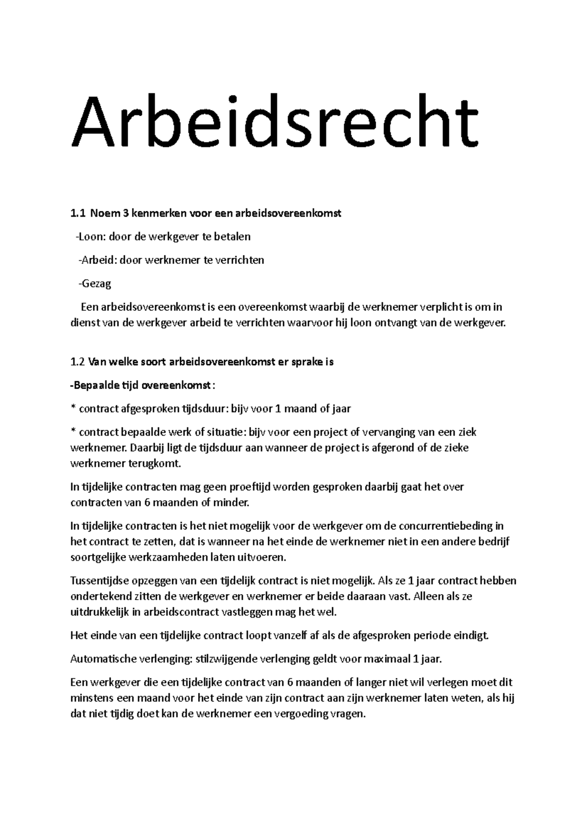 Arbeidsrecht - 1 Van Welke Soort Arbeidsovereenkomst Er Sprake Is Tijd ...