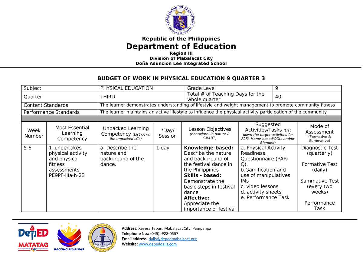 BOW-Q3-PE9 - BUDGET OF WORK - Address: Xevera Tabun, Mabalacat City ...