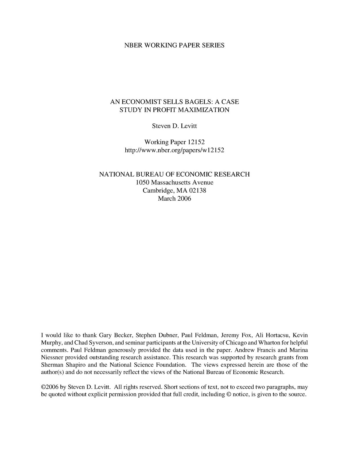 01 An Economist sells Bagel - NBER WORKING PAPER SERIES AN ECONOMIST ...