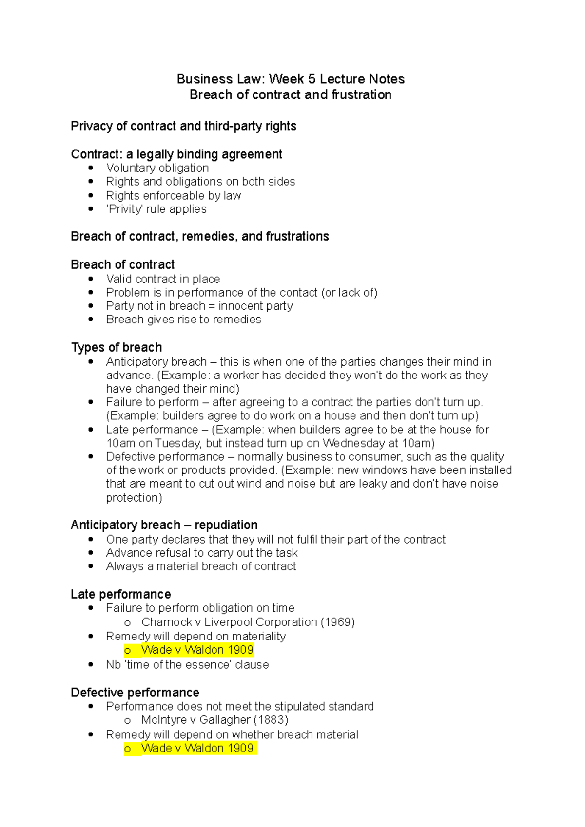 Breach of contract - Business Law: Week 5 Lecture Notes Breach of ...