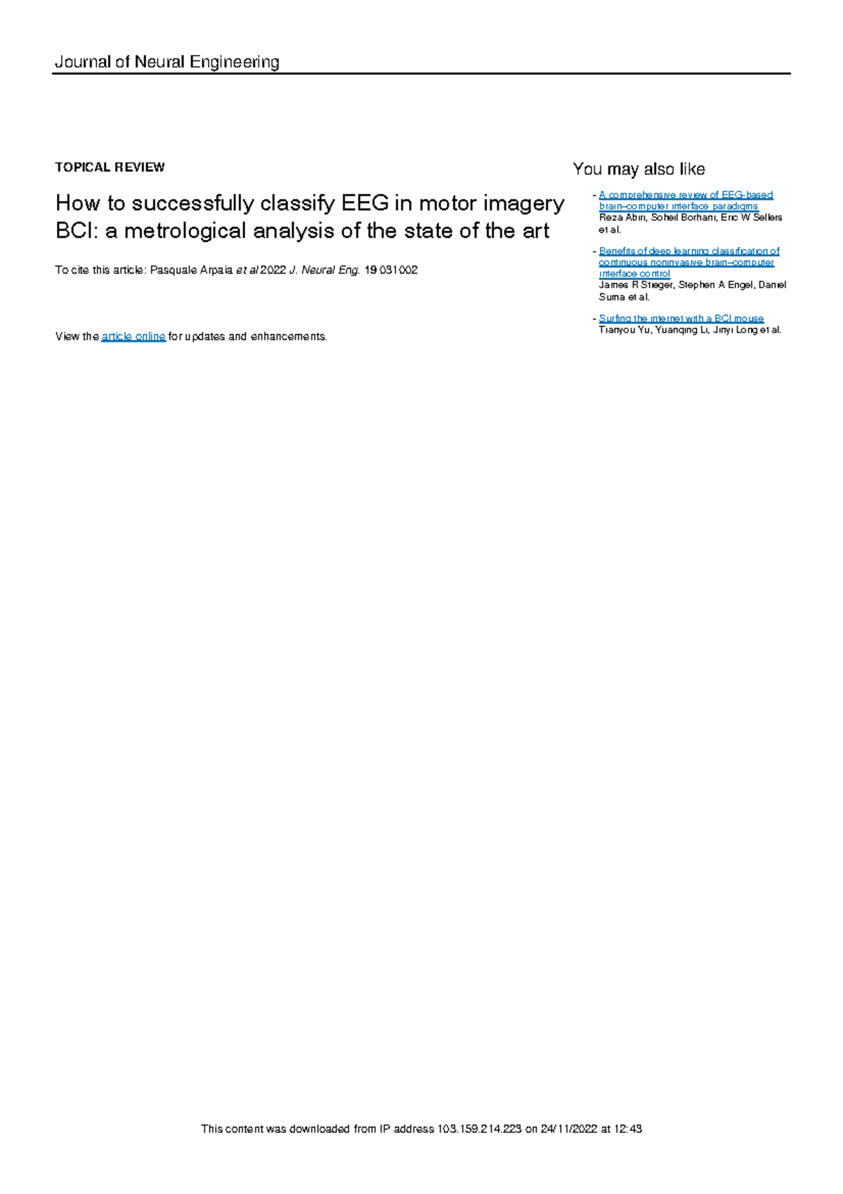 3 signal processing Journal of Neural Engineering TOPICAL REVIEW