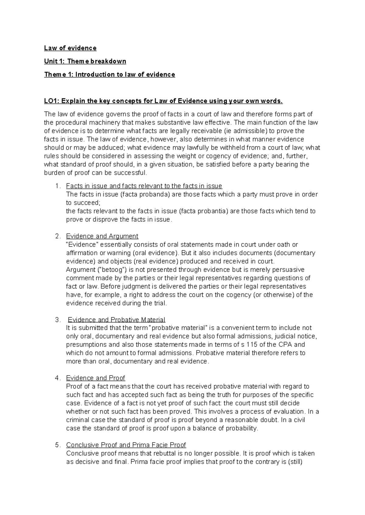 Law of evidence UNIT 1 notes - Law of evidence Unit 1: Theme breakdown ...