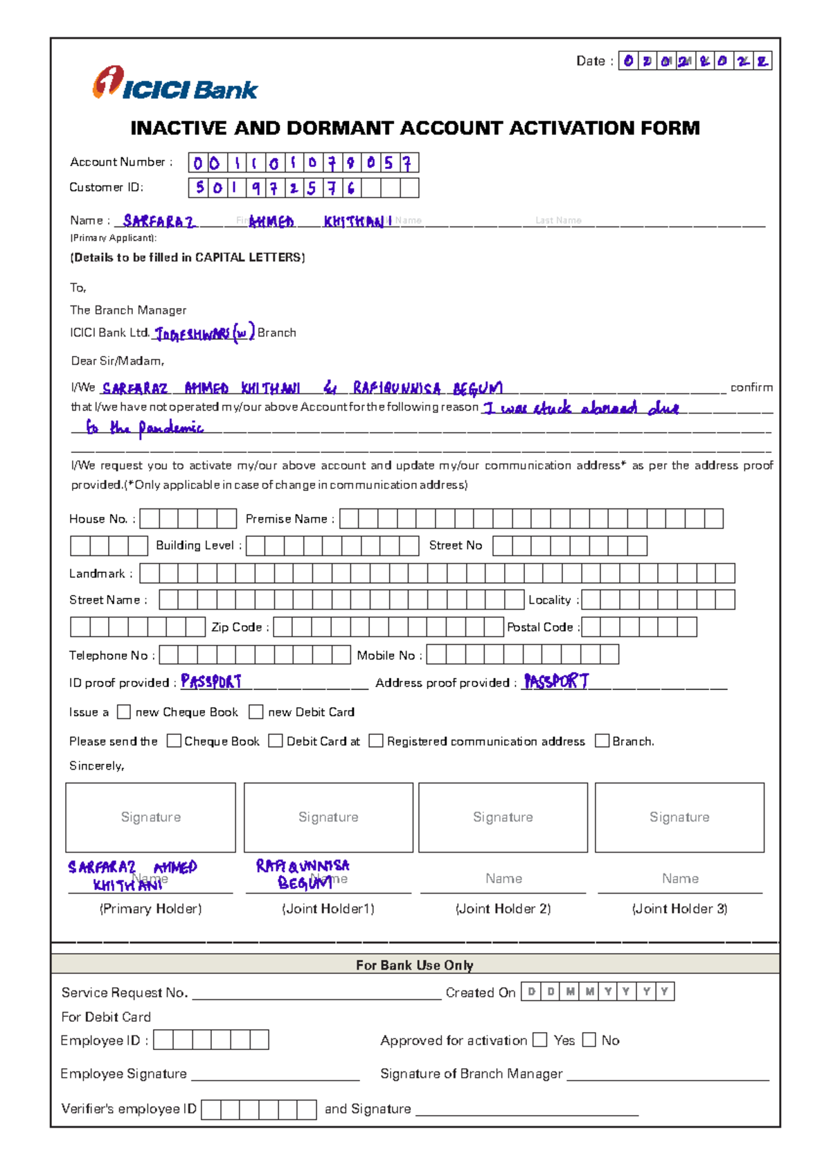 Dormant form Icici Bank Dormant Account FormCCA Candidates Specific 