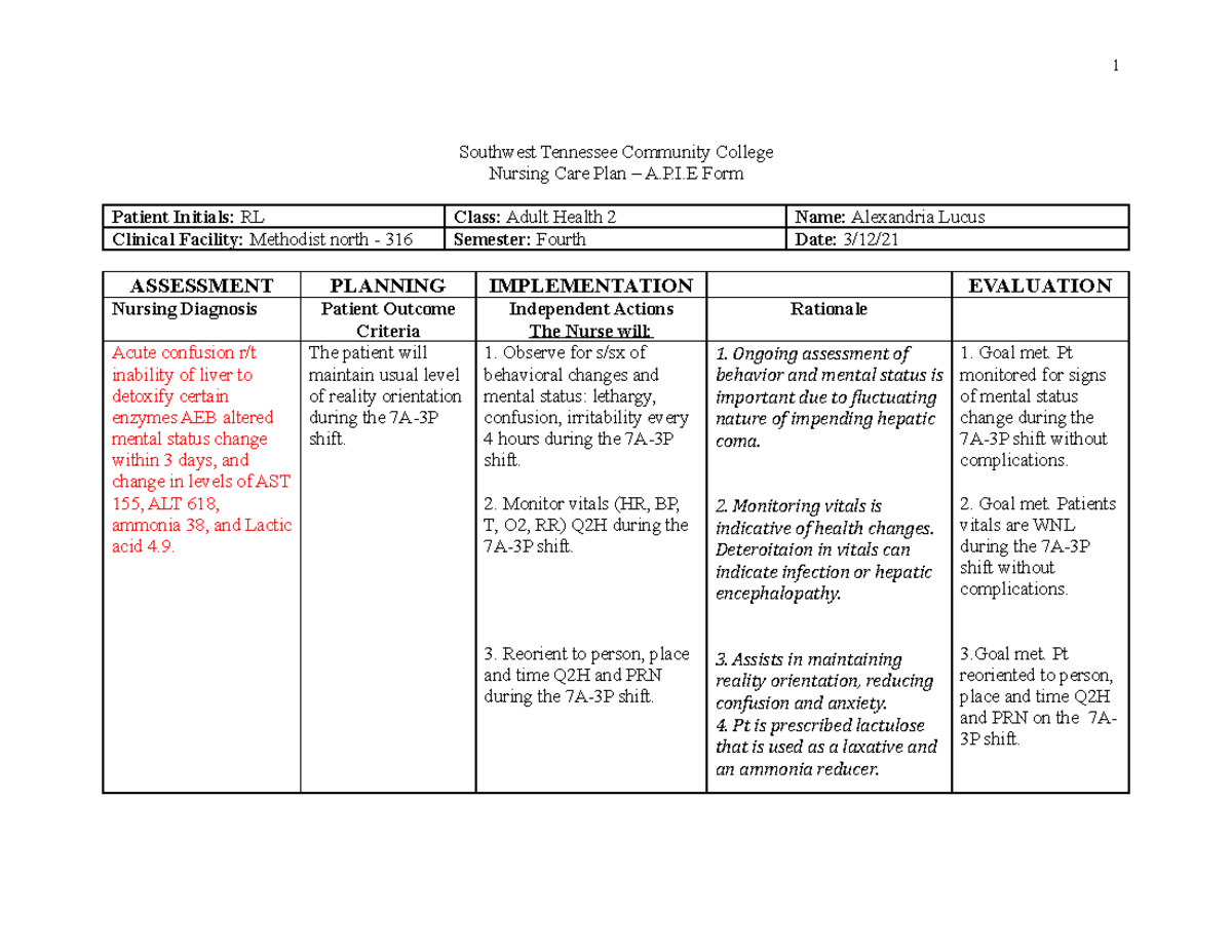 3-12 APIE - clinical - Southwest Tennessee Community College Nursing