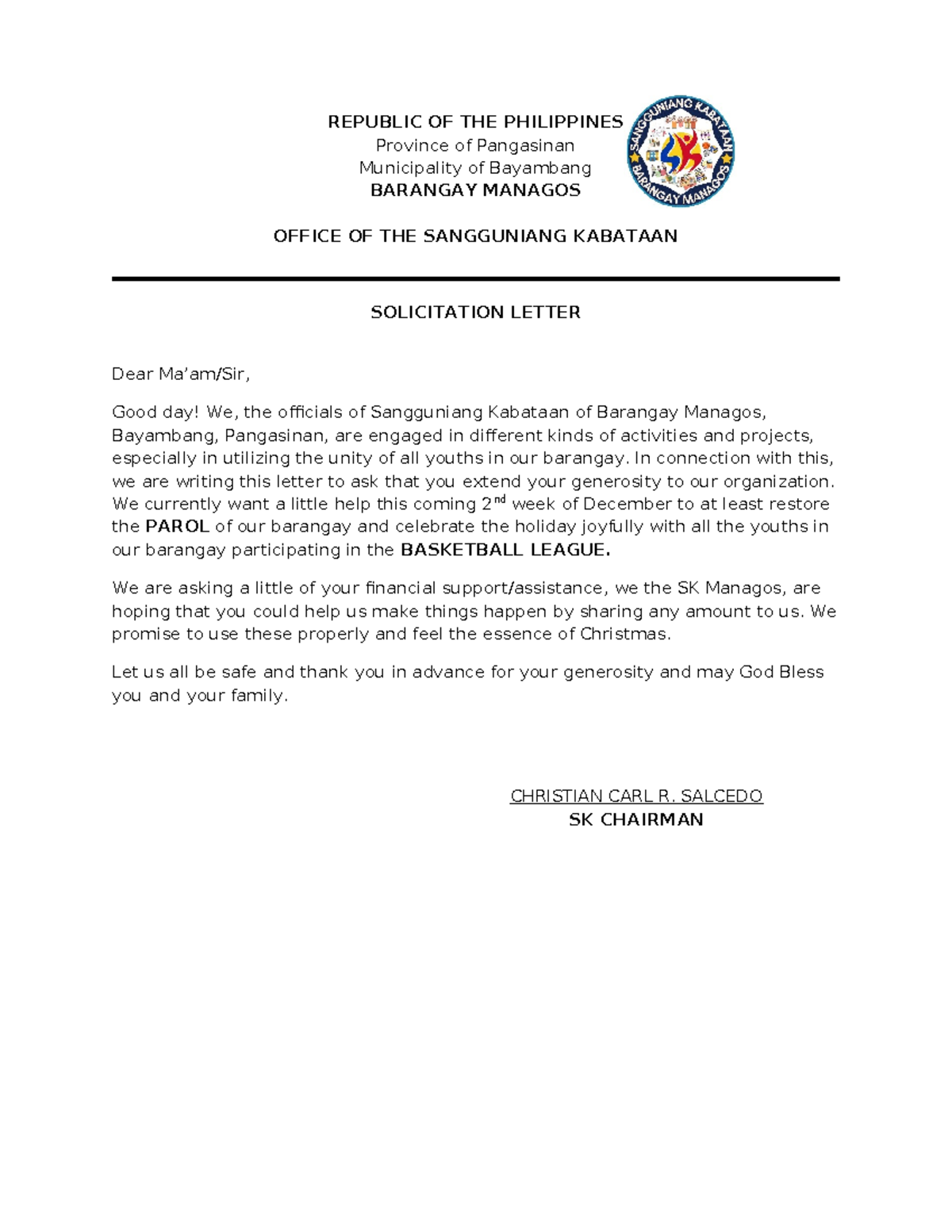 Solicitation Letter - for dl - REPUBLIC OF THE PHILIPPINES Province of ...