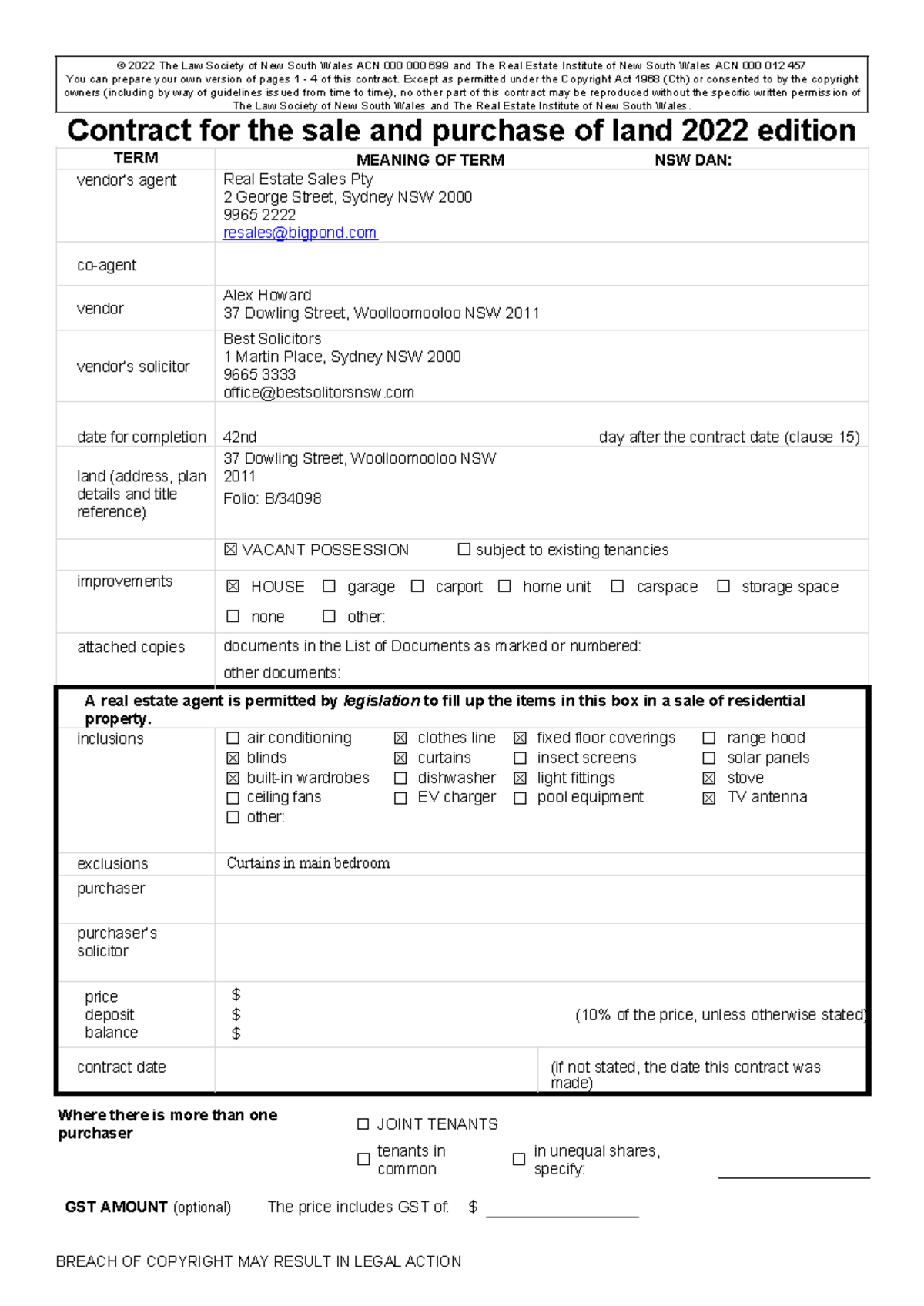 PROP T1 A1 Contract for sale and purchase of Land 2022 edition NSW 2022