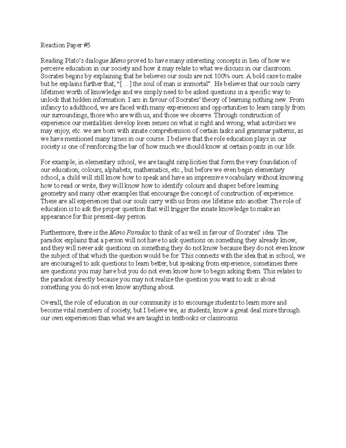 Reaction Paper 5 example on MENO - Reaction Paper # Reading Plato’s ...