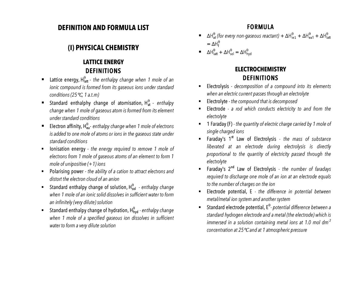 Defn List Definition List For Cie A Level Chemistry 9701 Definition And Formula List I Studocu