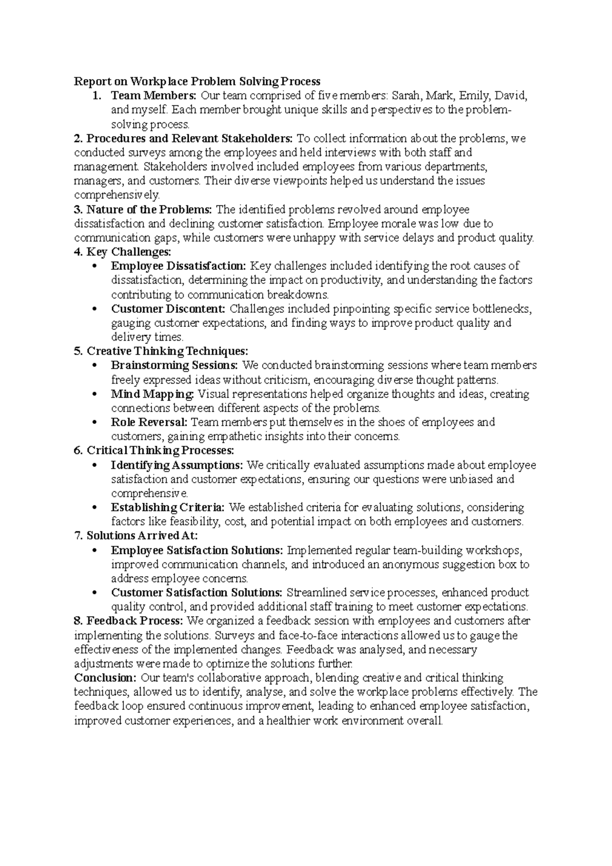 Report on Workplace Problem Solving Process - Team Members: Our team ...