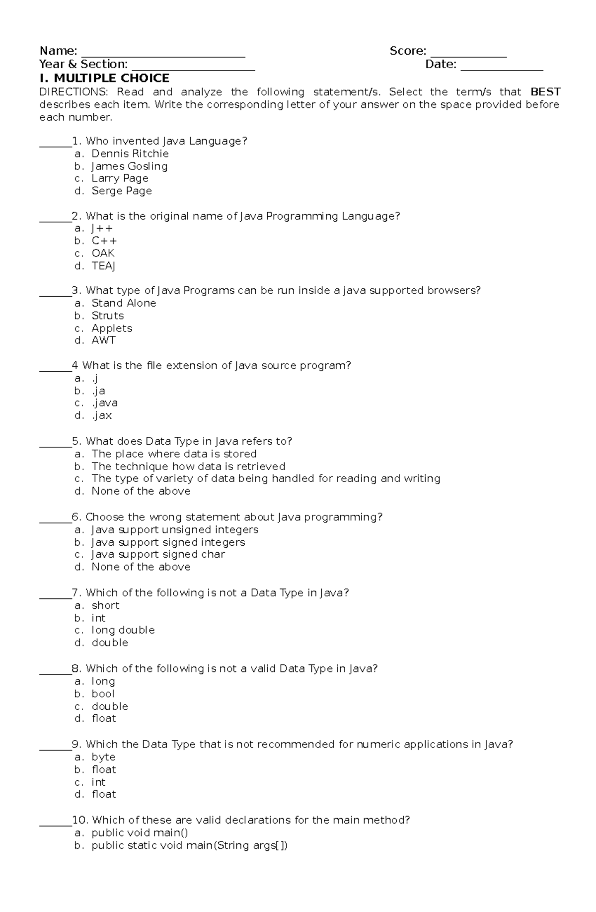 Midterm Exam for Android Development - Name ...