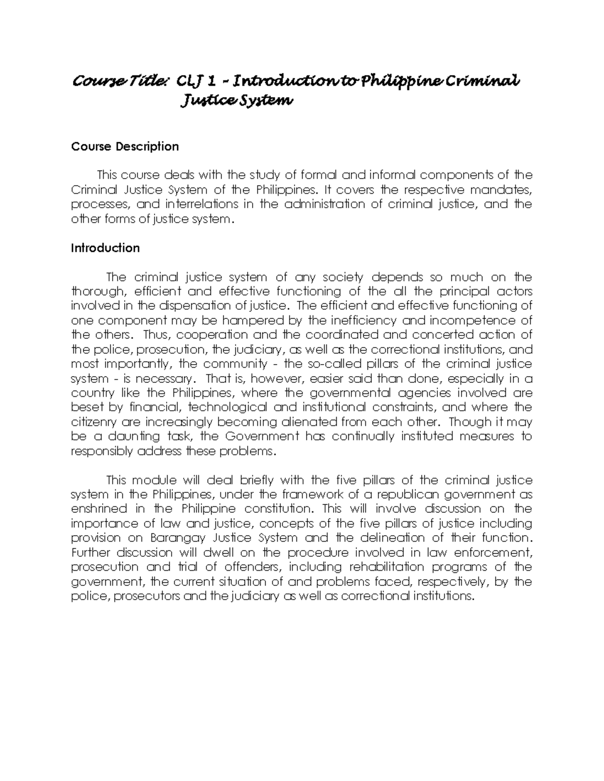 Topic 1 Introduction to Philippine Criminal Justice System - Course ...