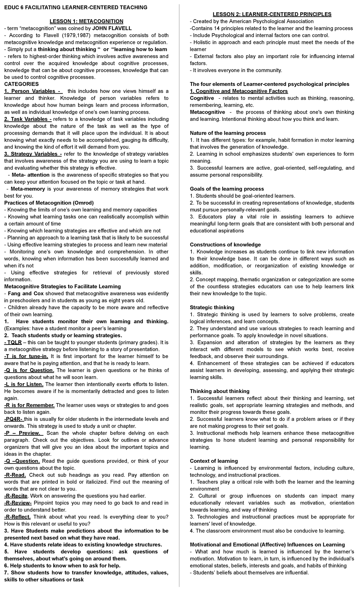 EDUC 6 - Midterm notes - EDUC 6 FACILITATING LEARNER-CENTERED TEACHING ...