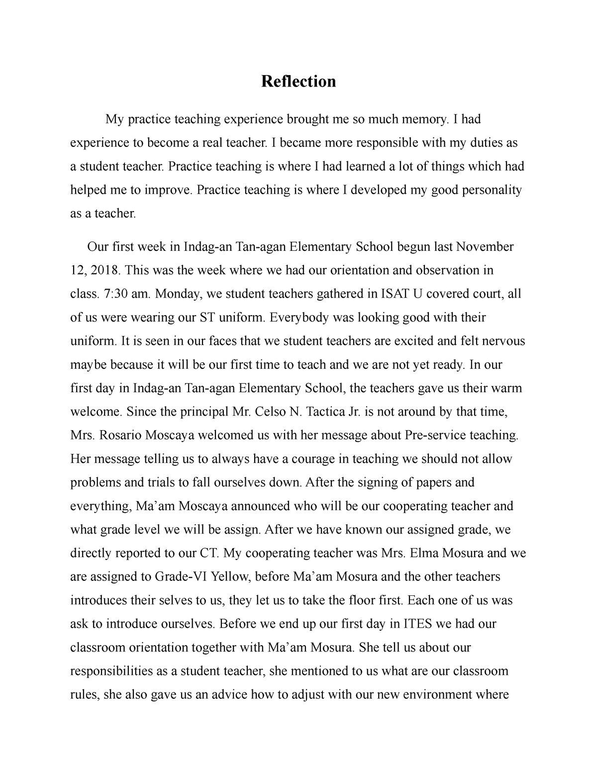 teaching practice reflection essay