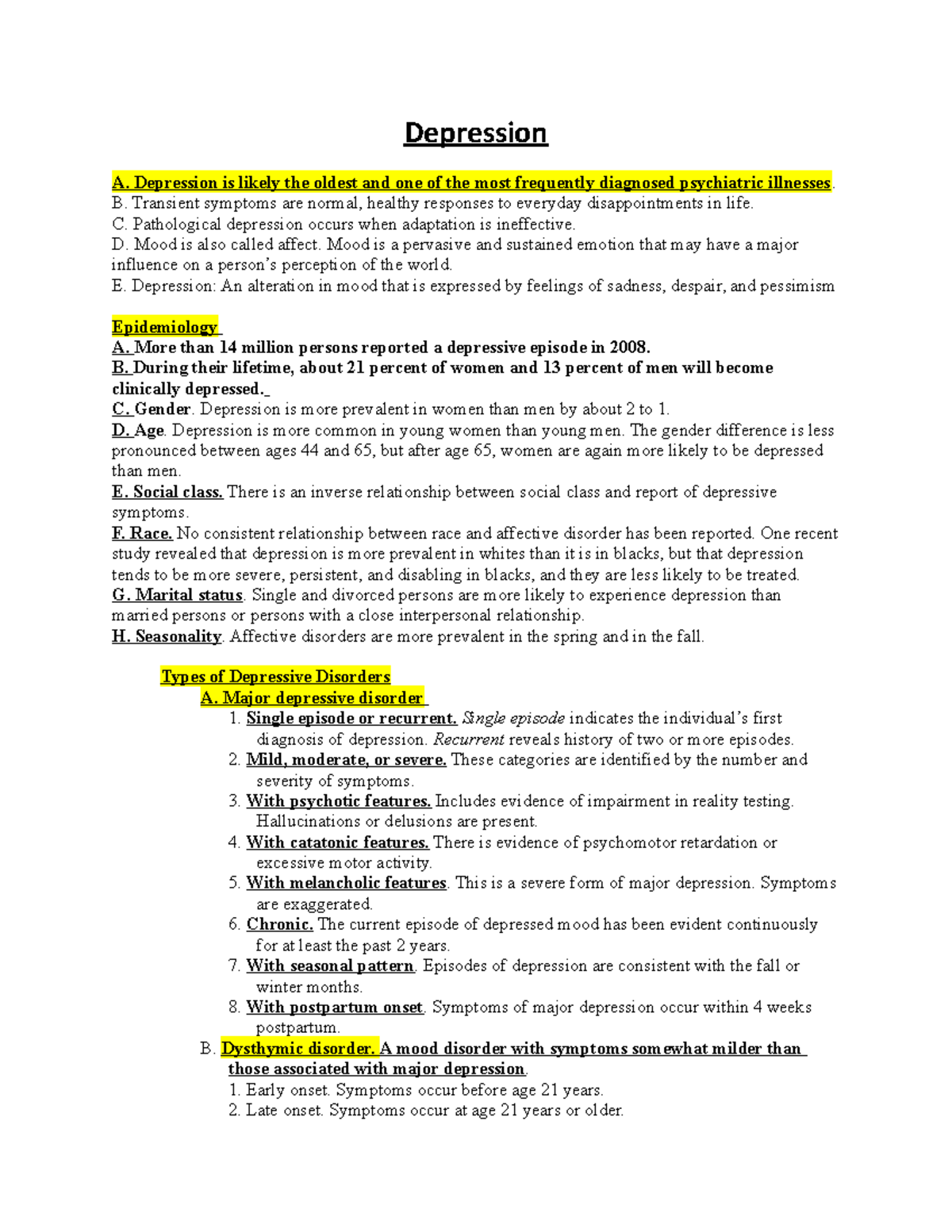 Depression Partial.Psych Med Review - Depression A. Depression Is ...