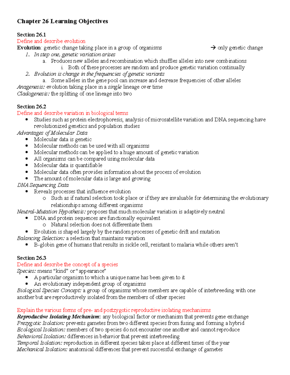 Chapter 26 Evolutionary Genetis - Chapter 26 Learning Objectives ...