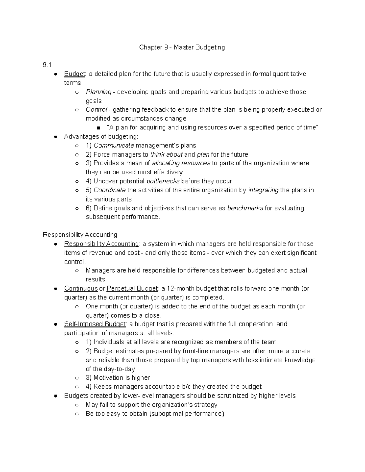 A202 Chapter 9 - Lecture notes 9 - Chapter 9 - Master Budgeting 9 ...