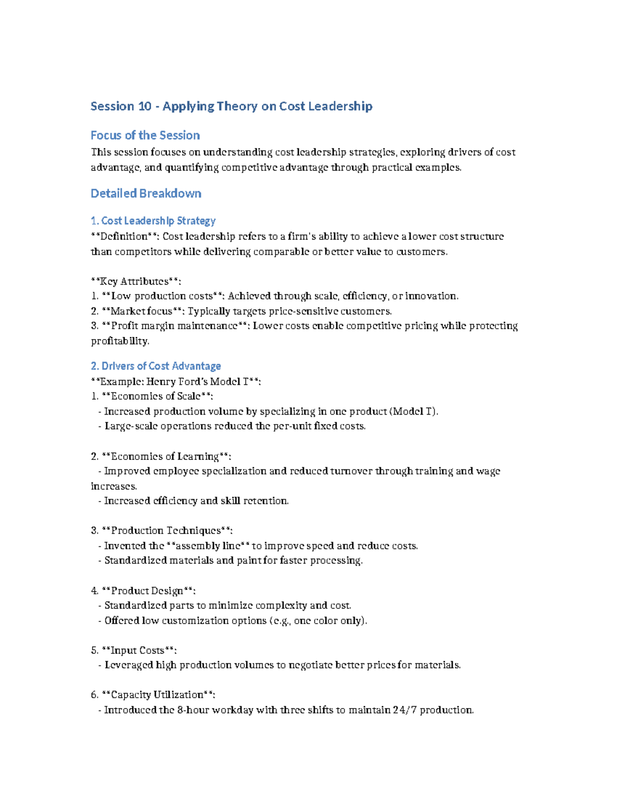 Session 10 Cost Leadership Study Guide - Session 10 - Applying Theory ...