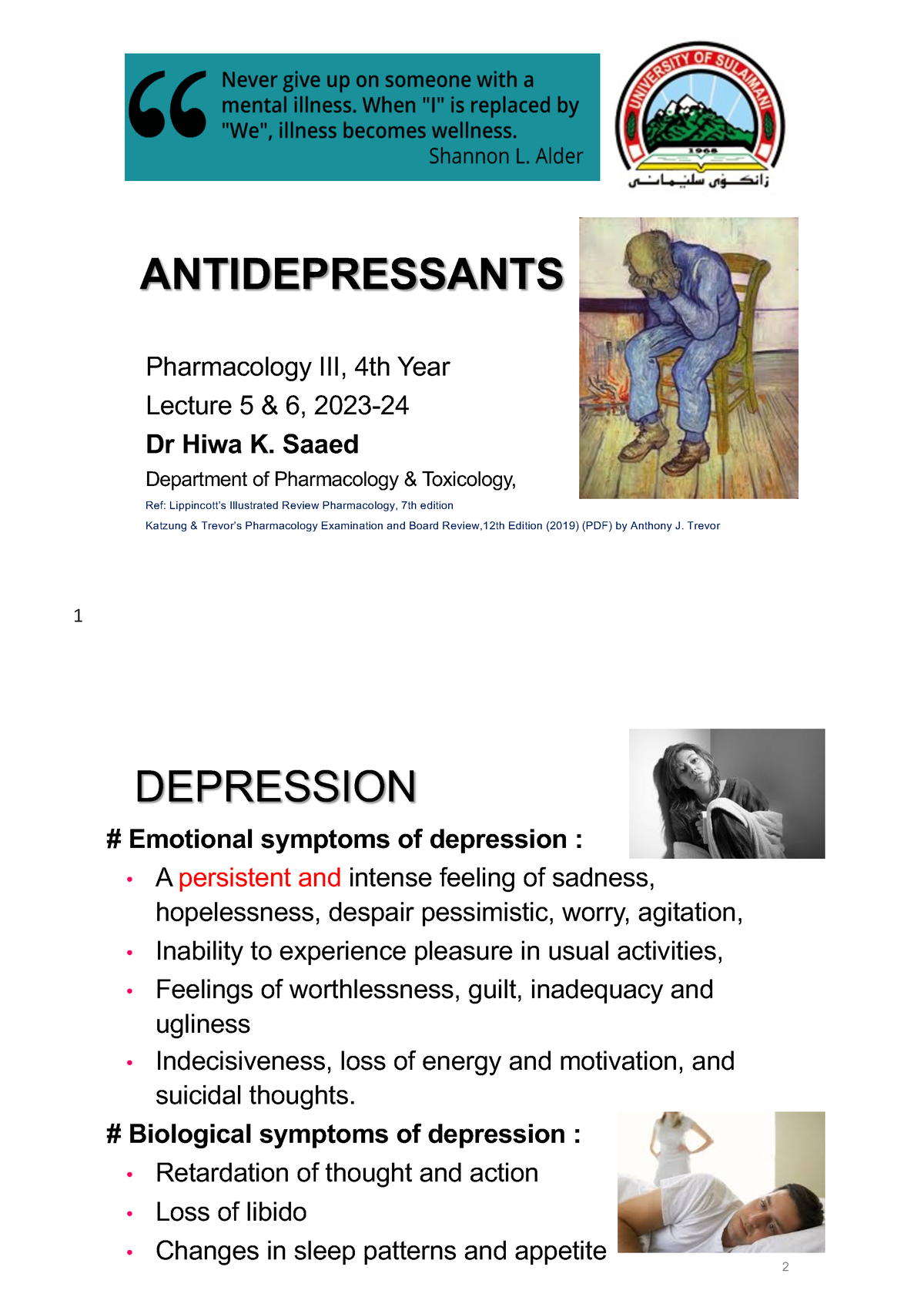 2023-2024 Antidepressants - ANTIDEPRESSANTS Pharmacology III, 4th Year ...