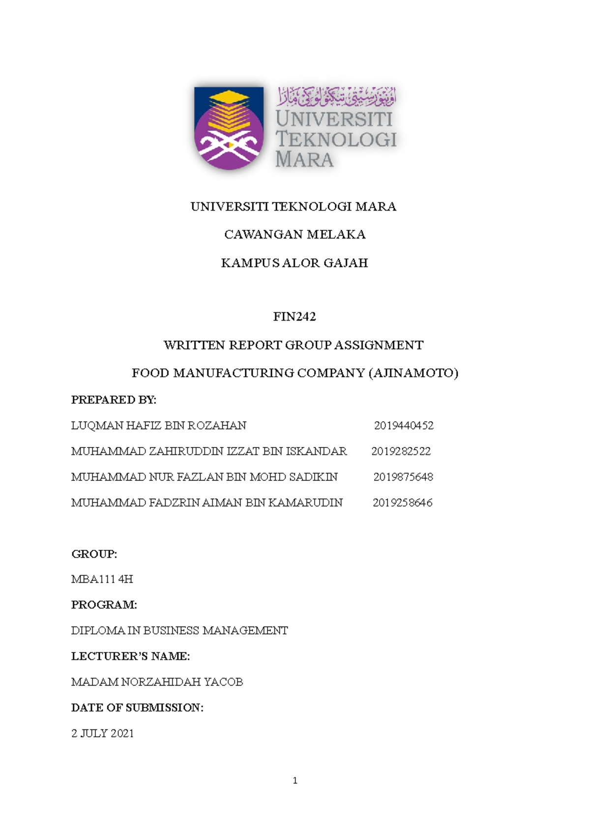 Group Written Report Fin242 - Universiti Teknologi Mara Cawangan Melaka 