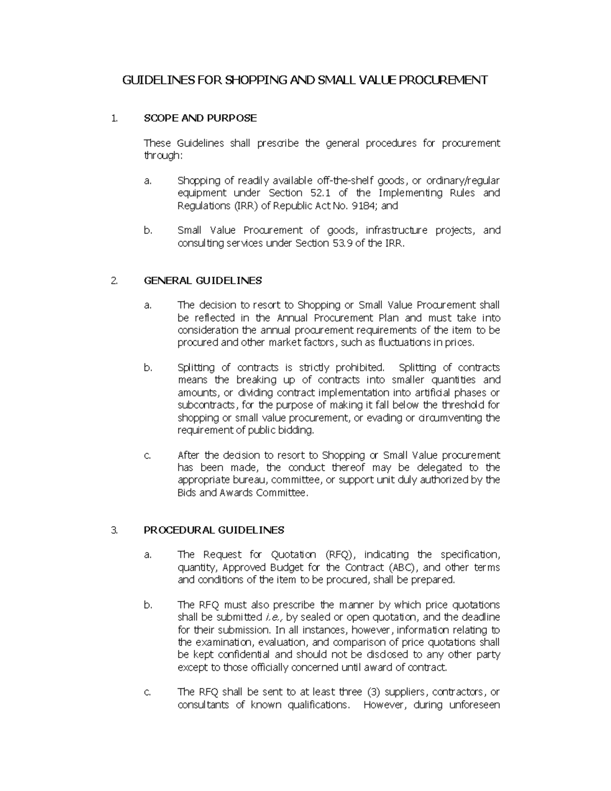 Small Value in Government Procurement GUIDELINES FOR