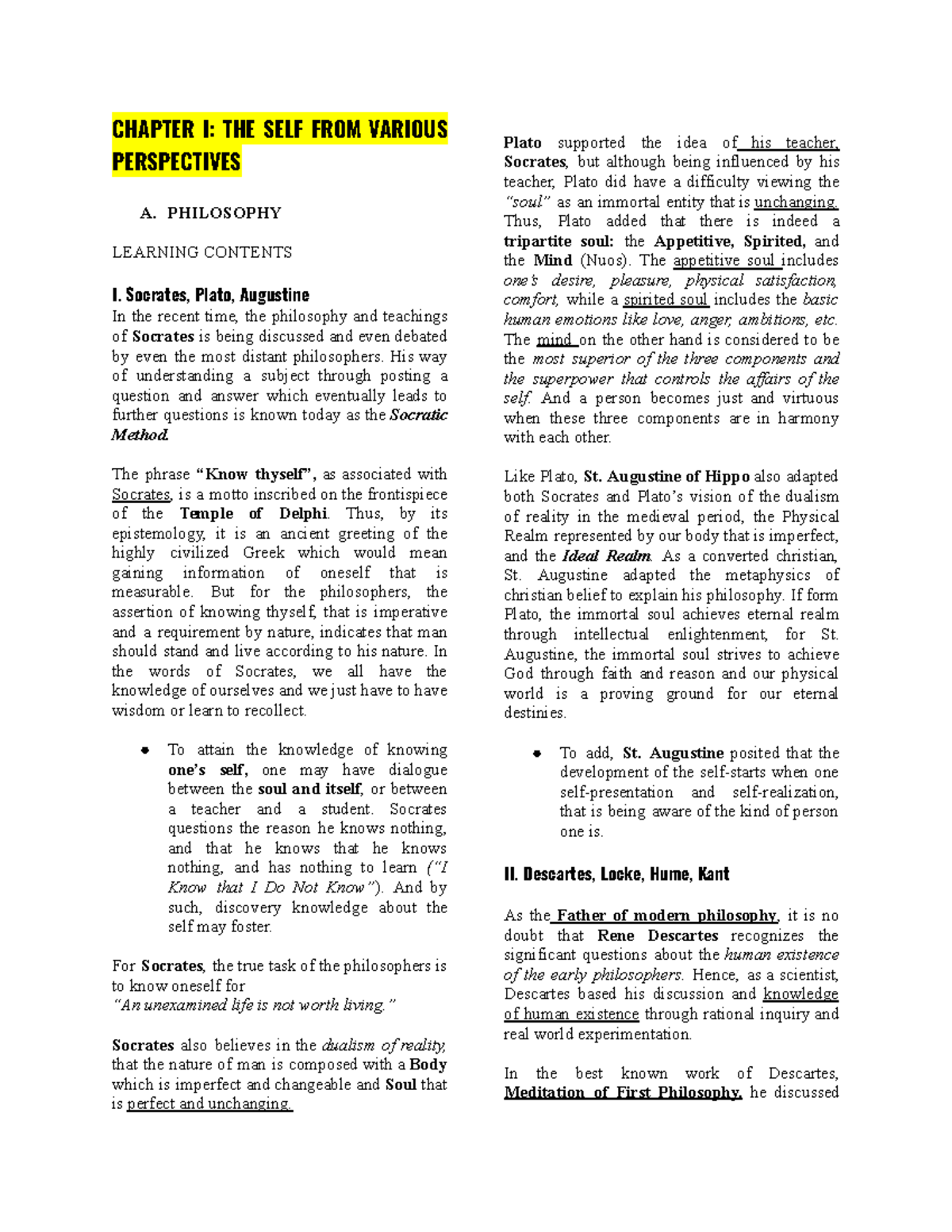 Midterm reviewer - UTS - CHAPTER I: THE SELF FROM VARIOUS PERSPECTIVES ...