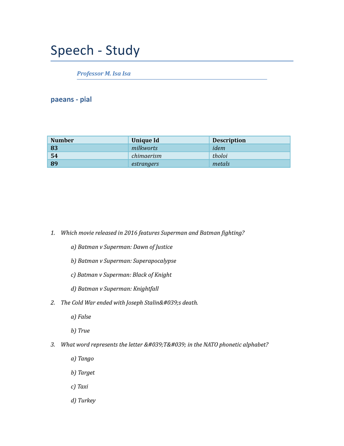 Static Project - Spring Semester 2004 - Speech - Study Professor M. Isa ...