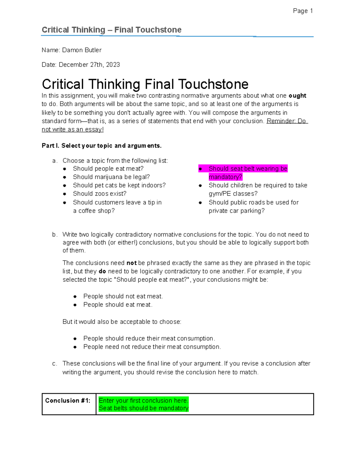 Critical Thinking Touchstone 4 Template - Critical Thinking – Final ...