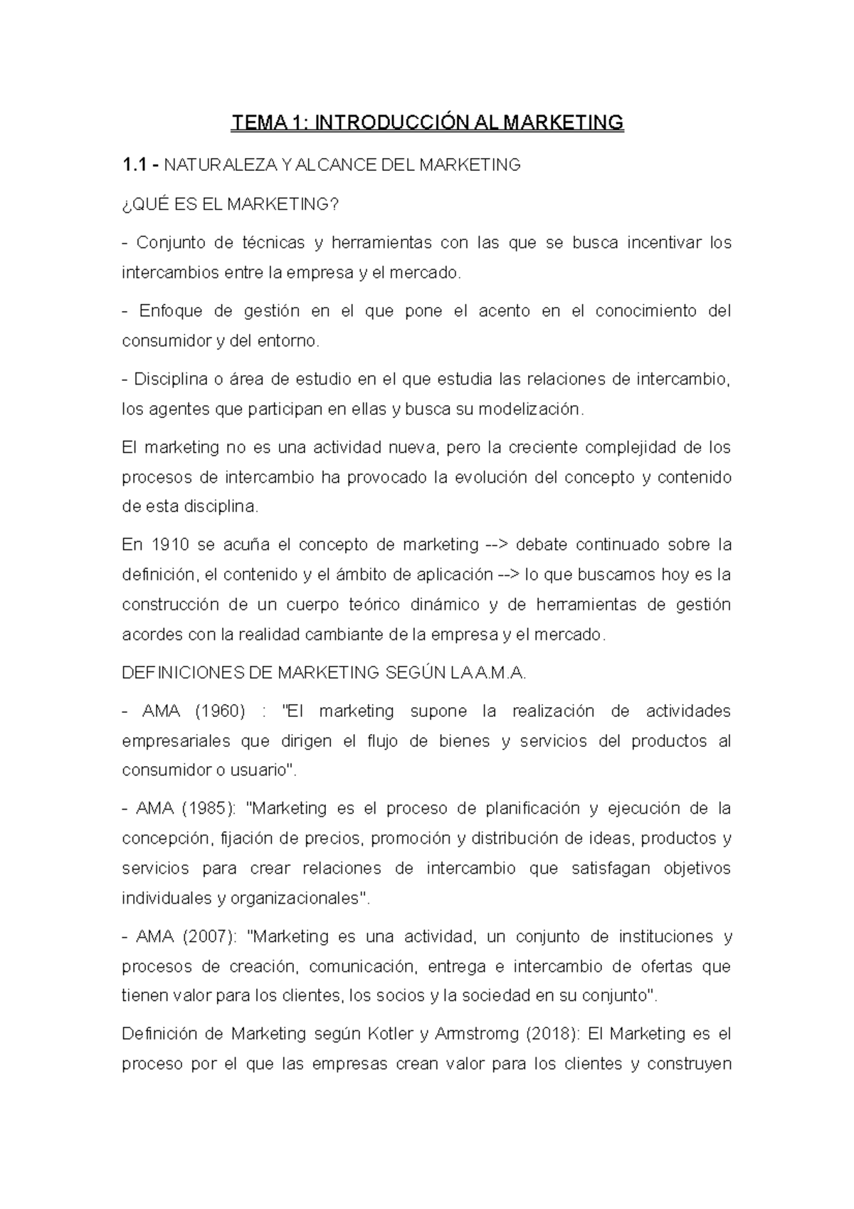 TEMA 1 - Apuntes 1 - TEMA 1: INTRODUCCIÓN AL MARKETING 1 - NATURALEZA Y ...