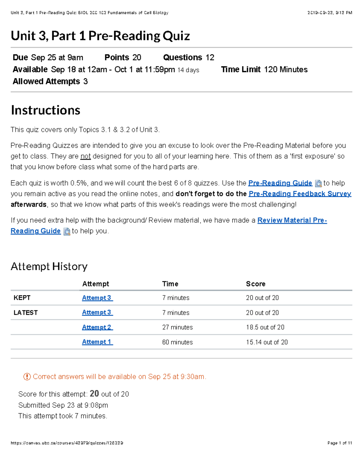 Unit 3, Part 1 PreReading Quiz BIOL 200 102 Fundamentals of Cell