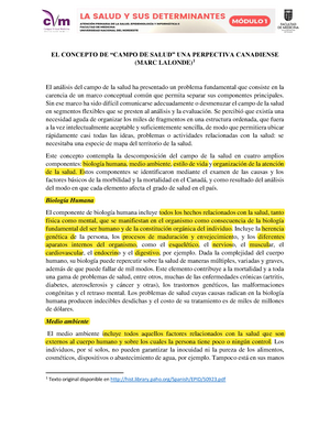 Campo de Salud (Marc Lalonde) - EL CONCEPTO DE “CAMPO DE SALUD” UNA  PERPECTIVA CANADIENSE (MARC - Studocu