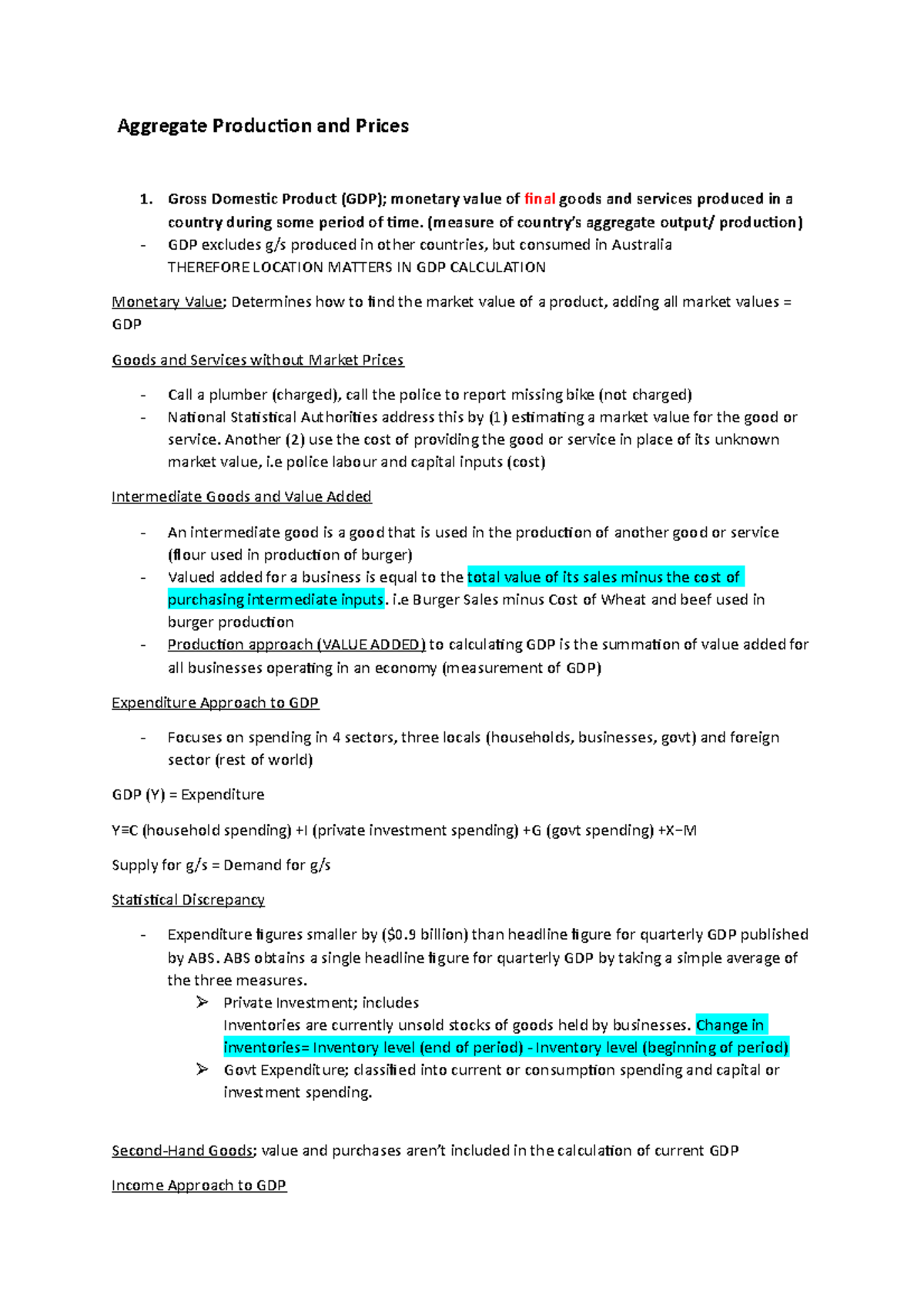 Notes - Topic 1 Aggregate Production and Prices - Aggregate Production ...