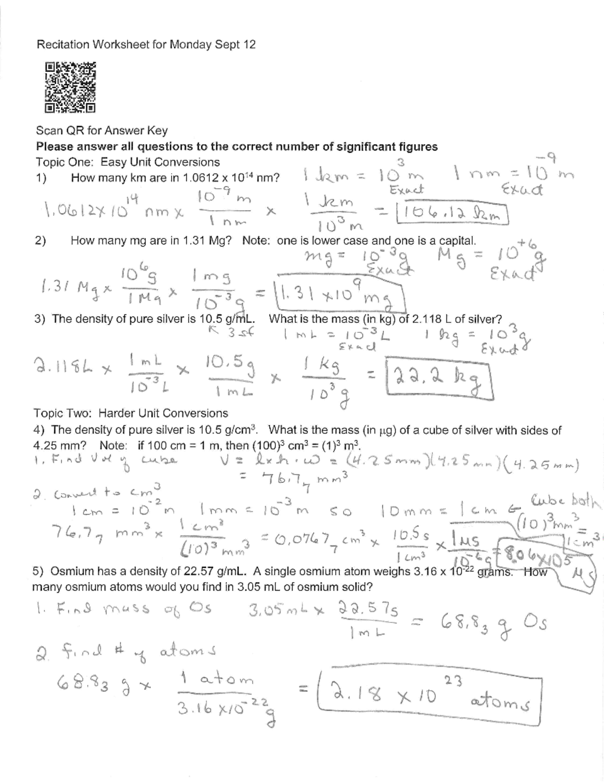 Key from Monday Sept 12 - simple unit conversion examples and questions ...