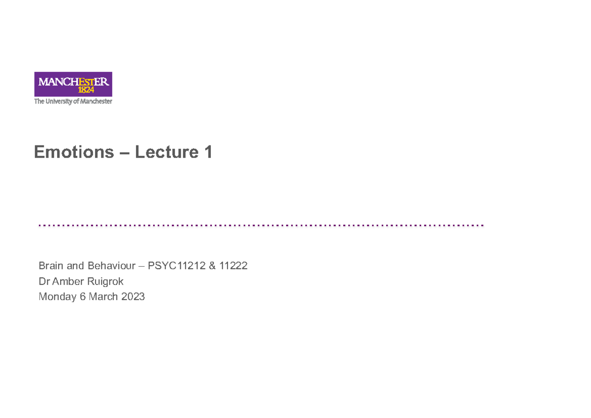 B-B Emotion L1 20230306 - Emotions – Lecture 1 Brain And Behaviour ...