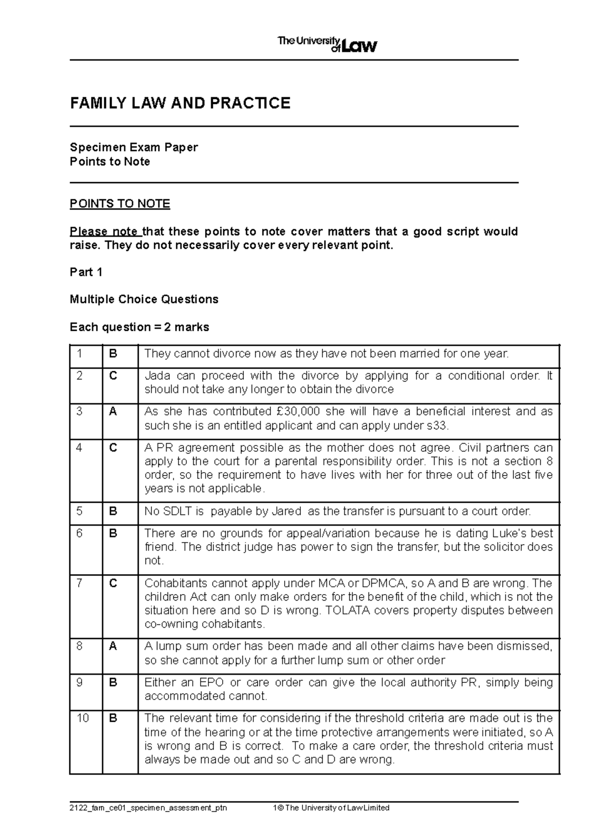 2223 Fam Ce01 Specimen Assessment Ptn FAMILY LAW AND PRACTICE 