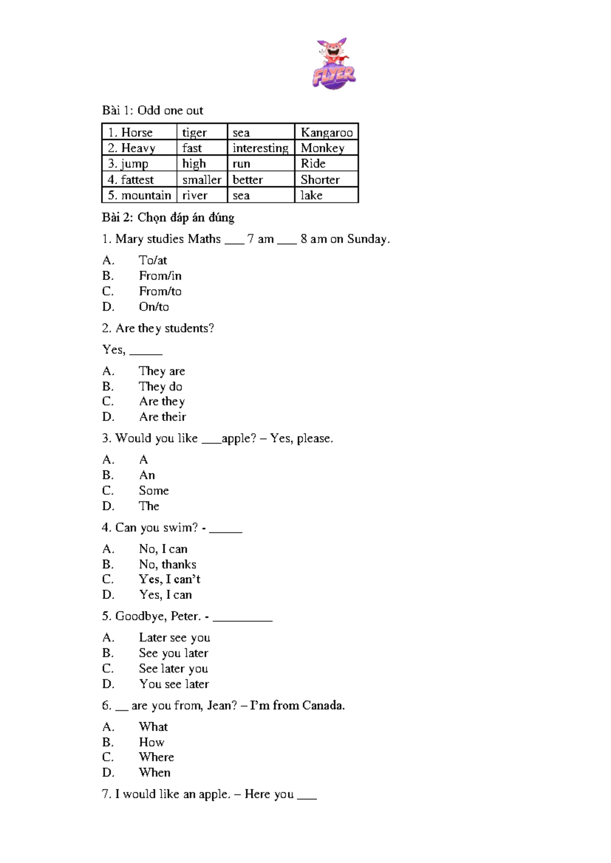 De thi cuoi ky 1 tieng Anh 4 Bài 1 Odd one out 1. Horse tiger sea