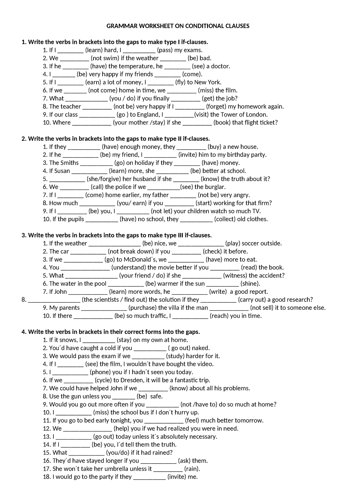 Conditional Clauses Difficult Grammar Worksheet On Conditional Clauses Write The Verbs In 9657