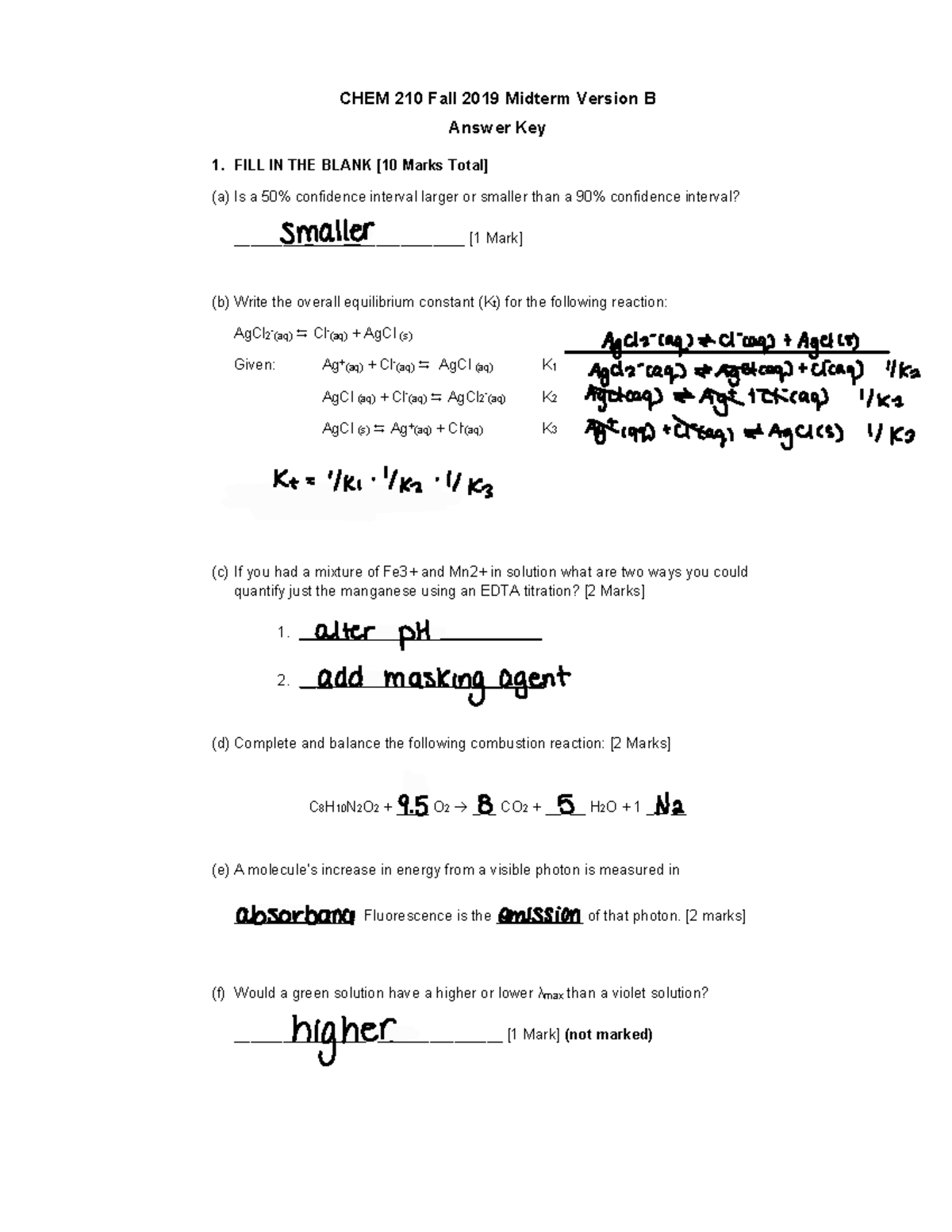 2019 Midterm Version B Key - CHEM 210 Fall 2019 Midterm Version B ...